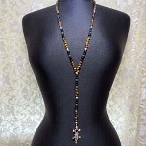 Tiger’s eye onyx lava gemstone beaded lariat y necklace tribal pendant Tuareg